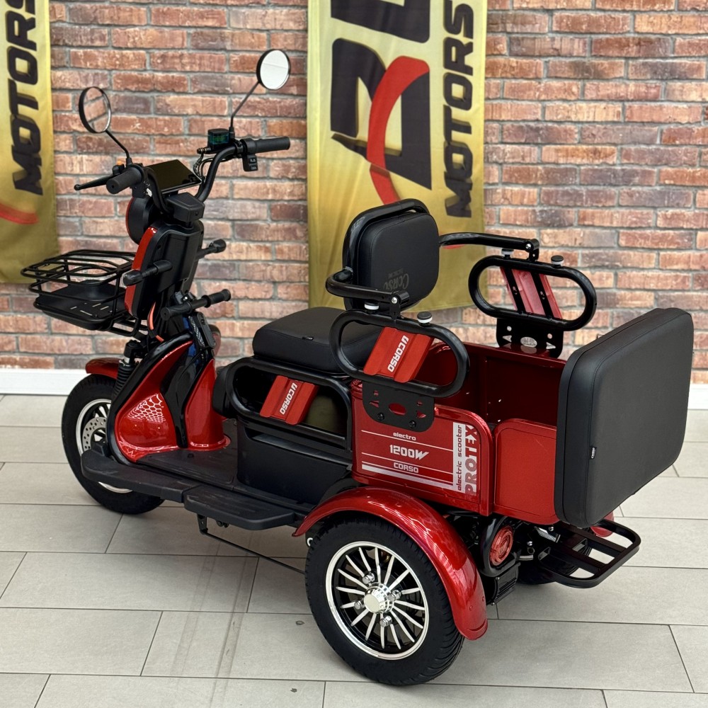 Електричний трицикл Corso PROTEX PR-377405 1200W 72V/23Ah,  3 місця, колеса 10", LED фари, сигналізація, кошик + багажний відсік