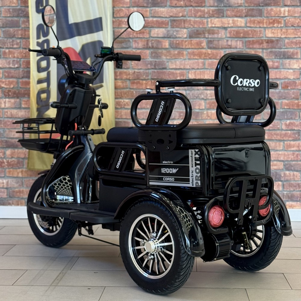 Електричний трицикл Corso PROTEX PR-648890 1200W 72V/23Ah,  3 місця, колеса 10", LED фари, сигналізація, кошик + багажний відсік