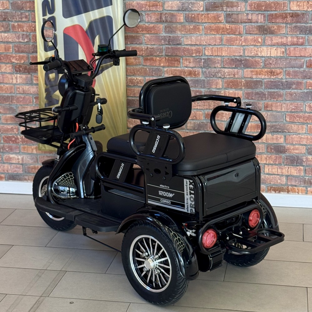 Електричний трицикл Corso PROTEX PR-648890 1200W 72V/23Ah,  3 місця, колеса 10", LED фари, сигналізація, кошик + багажний відсік