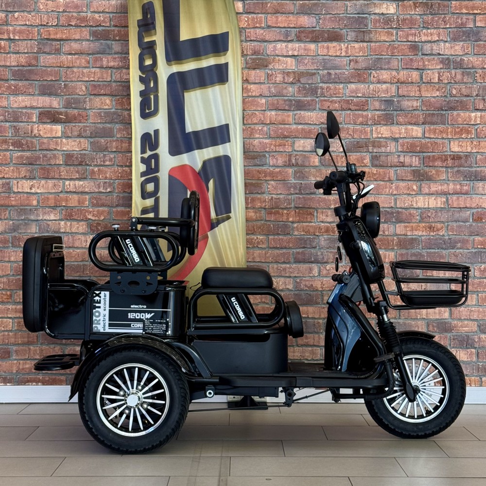 Електричний трицикл Corso PROTEX PR-648890 1200W 72V/23Ah,  3 місця, колеса 10", LED фари, сигналізація, кошик + багажний відсік