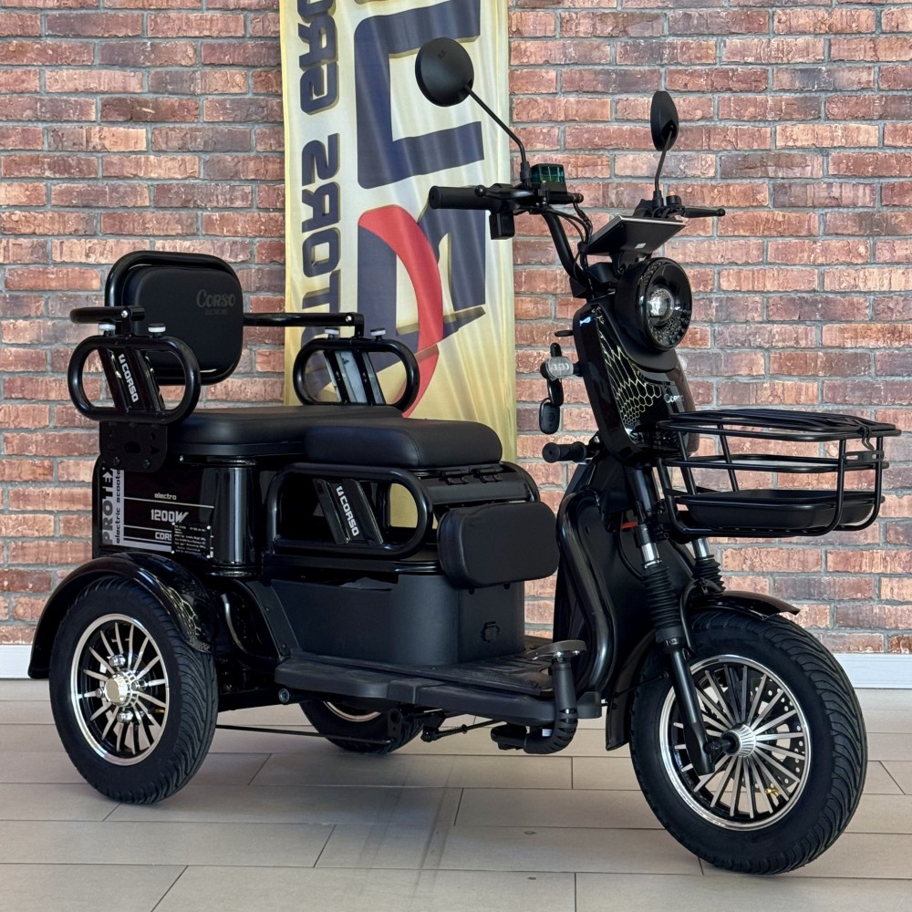 Електричний трицикл Corso PROTEX PR-648890 1200W 72V/23Ah,  3 місця, колеса 10", LED фари, сигналізація, кошик + багажний відсік