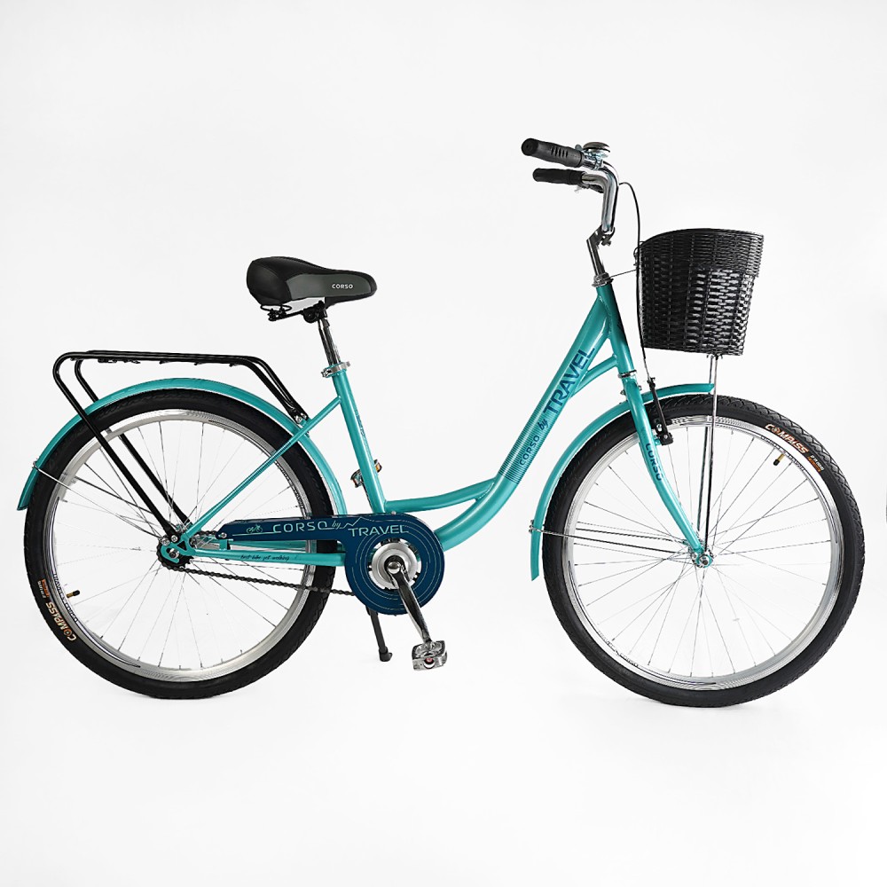 Велосипед міський Corso TRAVEL 26" TL-26417: одношвидкісний, сталева рама 16.5" з багажником і кошиком