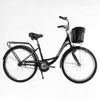 Велосипед міський Corso TRAVEL 26" TL-26207, одношвидкісний, сталева рама 16.5", багажник, корзина, колір ЧОРНИЙ