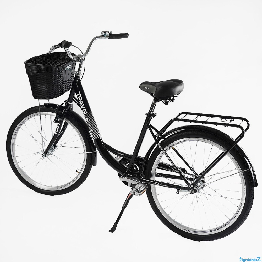 Велосипед міський Corso TRAVEL 26" TL-26207: одношвидкісний, чорний з багажником і корзиною