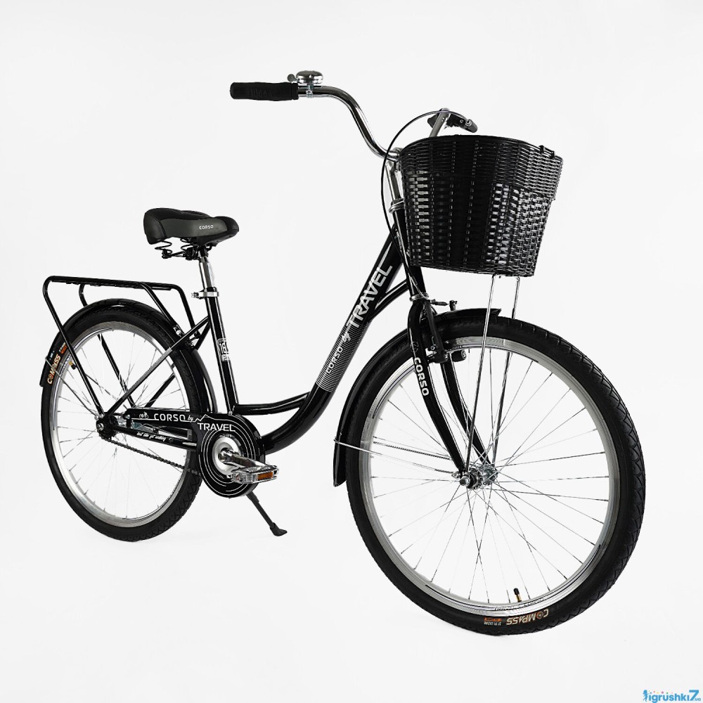 Велосипед міський Corso TRAVEL 26" TL-26207: одношвидкісний, чорний з багажником і корзиною