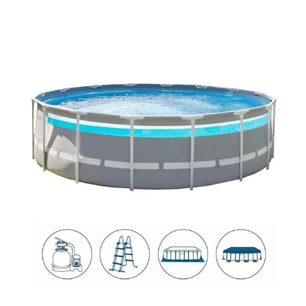 Басейн каркасний Intex 26730 Prism Frame Clearview 488х122см, 19156л, картріджний фільтр-насос 5678 л/год, драбина, тент, підстилка