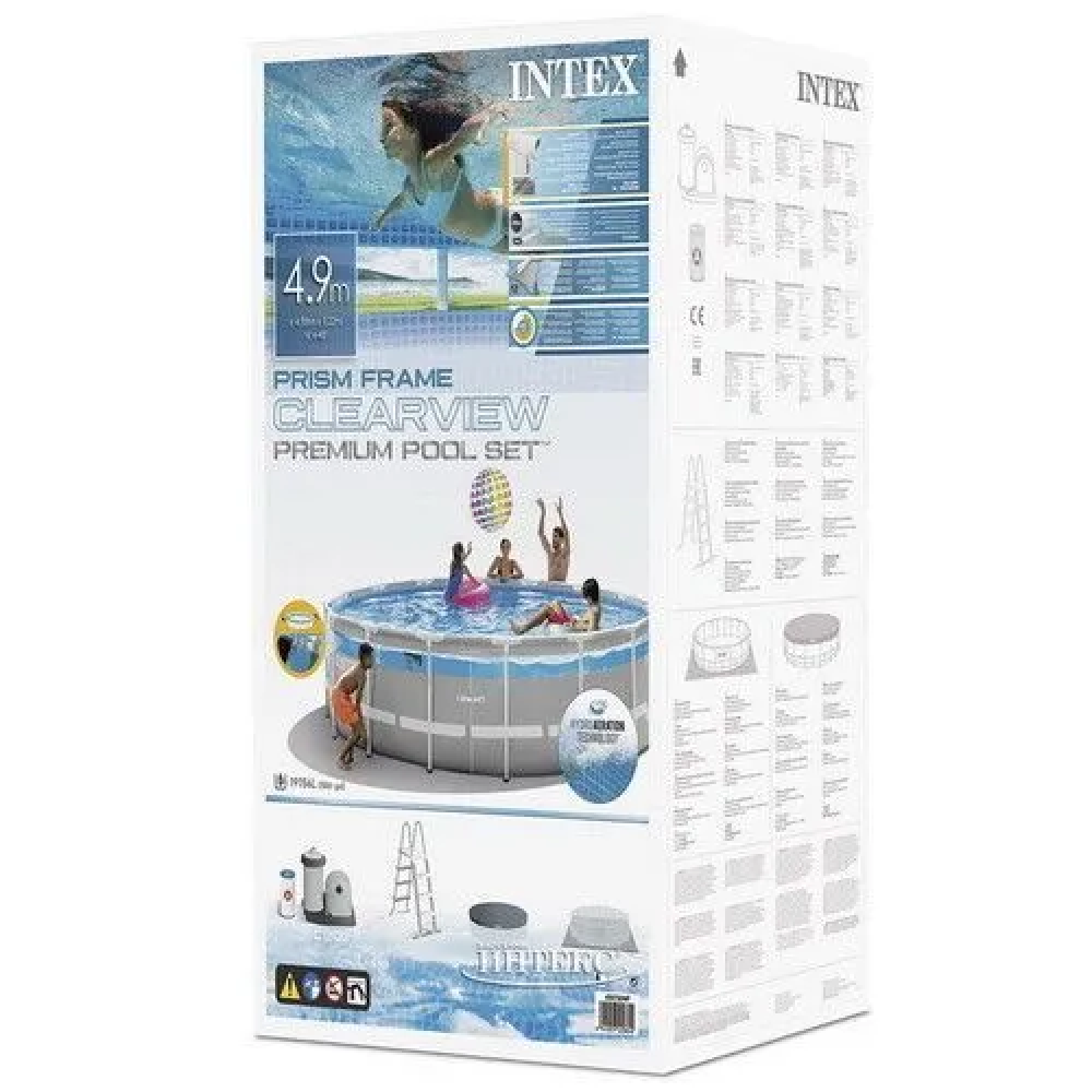 Басейн каркасний Intex 26730 Prism Frame Clearview 488х122см, 19156л, картріджний фільтр-насос 5678 л/год, драбина, тент, підстилка