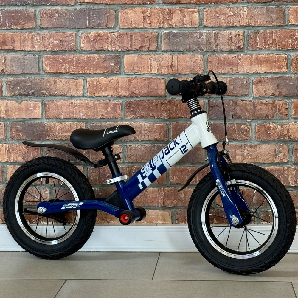 Велобіг Corso Skip Jack 12" з амортизатором та ручним гальмом, синьо-білий