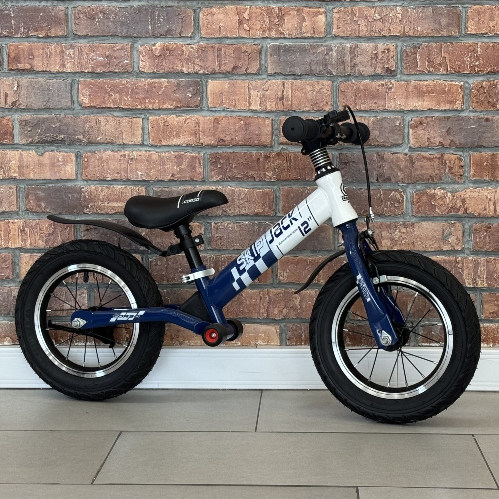 Велобіг Corso Skip Jack 12" з амортизатором та ручним гальмом, синьо-білий