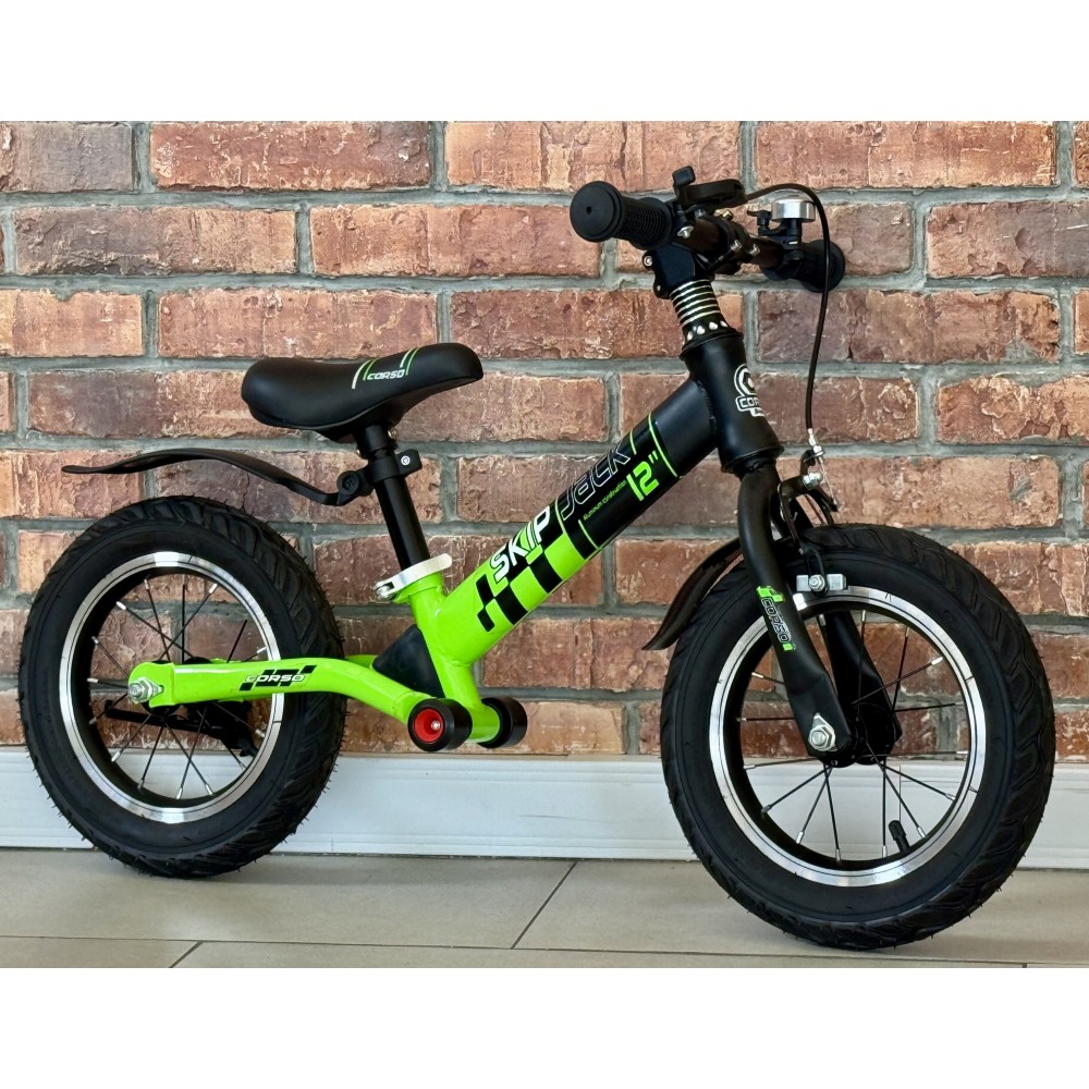 Велобіг Corso Skip Jack 12" з амортизатором і ручним гальмом - Чорно-Зелений