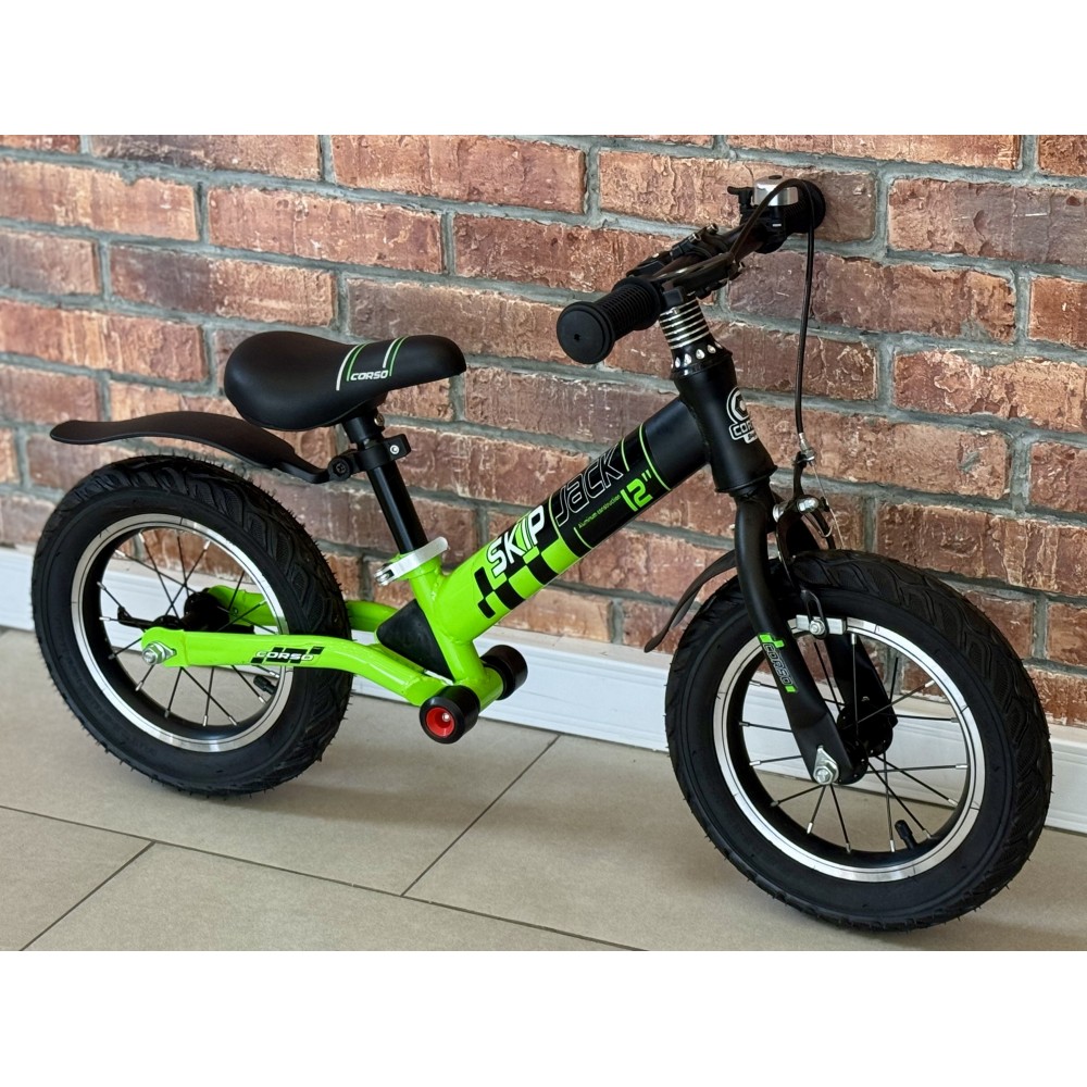 Велобіг Corso Skip Jack 12" з амортизатором і ручним гальмом - Чорно-Зелений