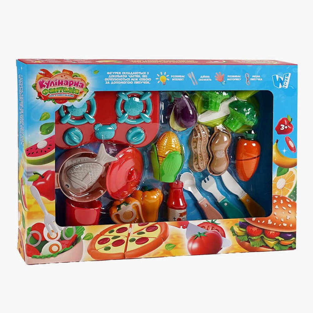 Набір продуктів “Кулінарна фантазія” 10385 (36/2) “Wtoys”, 24 елементи, овочі та фрукти, варильна поверхня, дошка для нарізання, ніж, в коробці