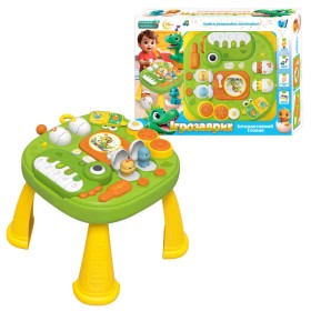 Інтерактивний столик "Ігрозаврик" 17464 (12) "WToys", ОЗВУЧУВАННЯ УКРАЇНСЬКОЮ МОВОЮ, підсвічування, 10 скоромовок, 10 казок, 10 пісень, барабани, піаніно, рухомі елементи, пискавка, ноти, звуки, ігри, в коробці