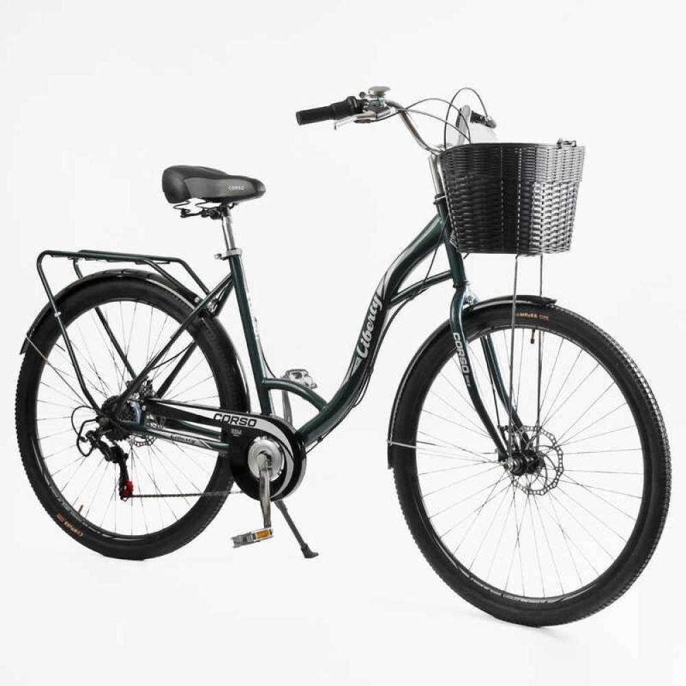 Велосипед міський Corso Liberty 28" дюймів LR-28193 + КОШИK, ТЕМНО-ЗЕЛЕНИЙ, сталева рама 20", Shimano 7 швидкостей, корзина, багажник