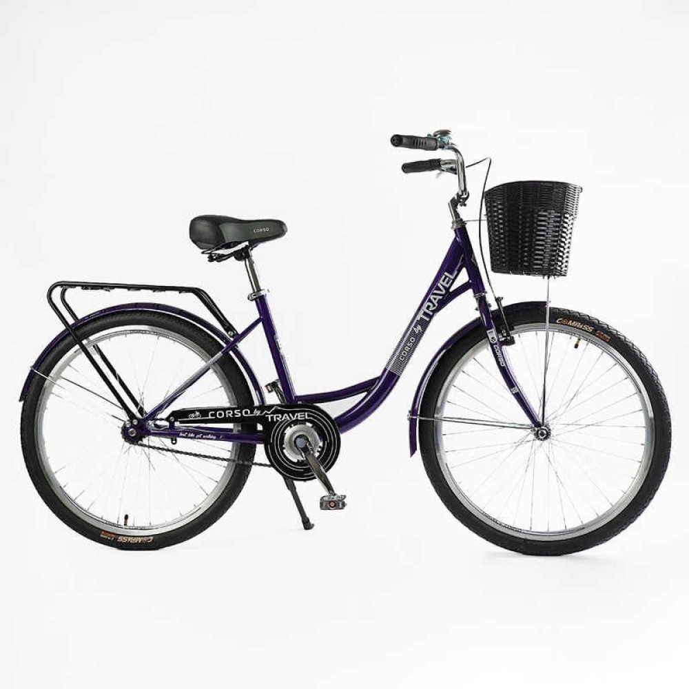 Велосипед міський Corso TRAVEL 26" TL-26106 + КОШИК одношвидкісний, сталева рама 16.5", корзина, багажник