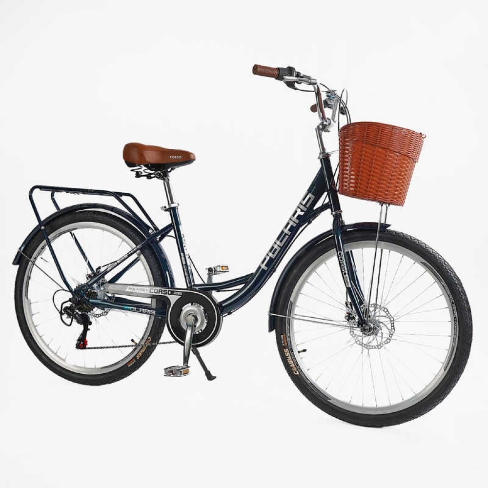 Велосипед міський Corso Polaris 26" PS-12833 + КОШИК СИНІЙ сталева рама 16.5", Shimano 7 швидкостей, корзина, багажник
