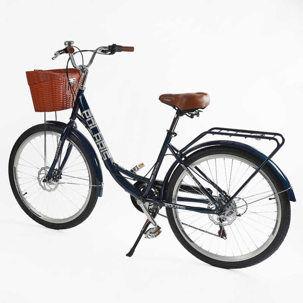 Велосипед міський Corso Polaris 26" PS-12833 + КОШИК СИНІЙ сталева рама 16.5", Shimano 7 швидкостей, корзина, багажник