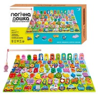 Логічна дерев’яна дошка 31592 (40) "WToys", математичний+фруктовий сортер, транспорт, літери, магнітна риболовля, в коробці