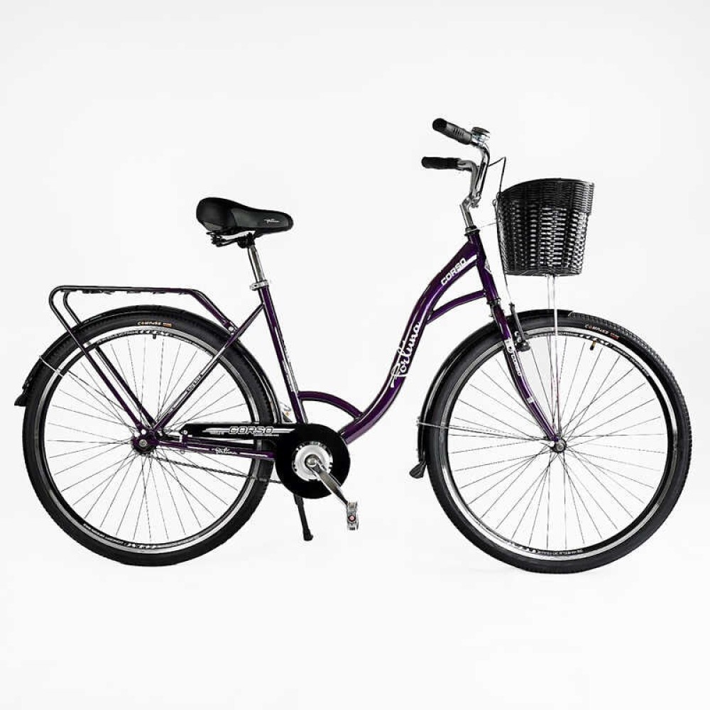 Велосипед міський Corso FORTUNA 28" FR-28077 + КОШИК ТЕМНО-ФІОЛЕТОВИЙ, одношвидкісний, сталева рама 20", корзина, багажник