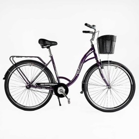 Велосипед міський Corso FORTUNA 28" FR-28077 + КОШИК ТЕМНО-ФІОЛЕТОВИЙ, одношвидкісний, сталева рама 20", корзина, багажник