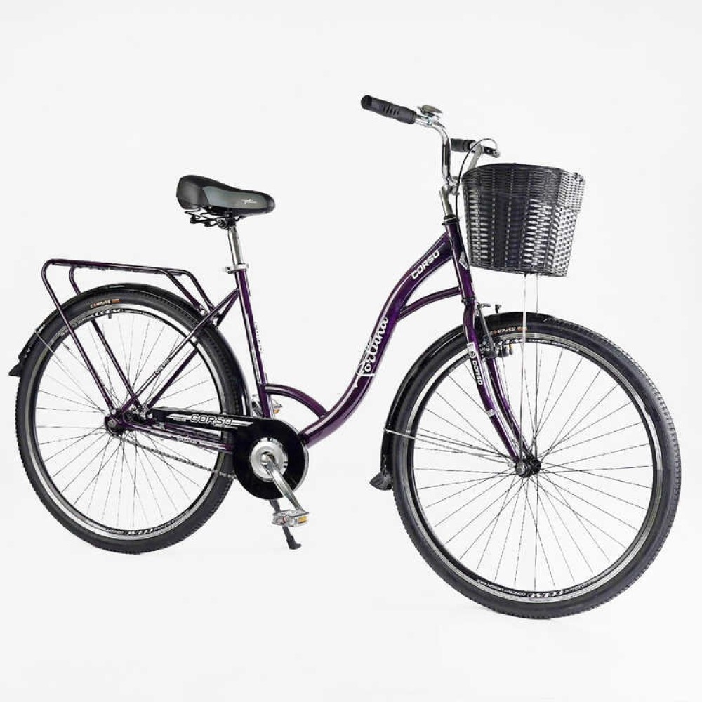 Велосипед міський Corso FORTUNA 28" FR-28077 + КОШИК ТЕМНО-ФІОЛЕТОВИЙ, одношвидкісний, сталева рама 20", корзина, багажник