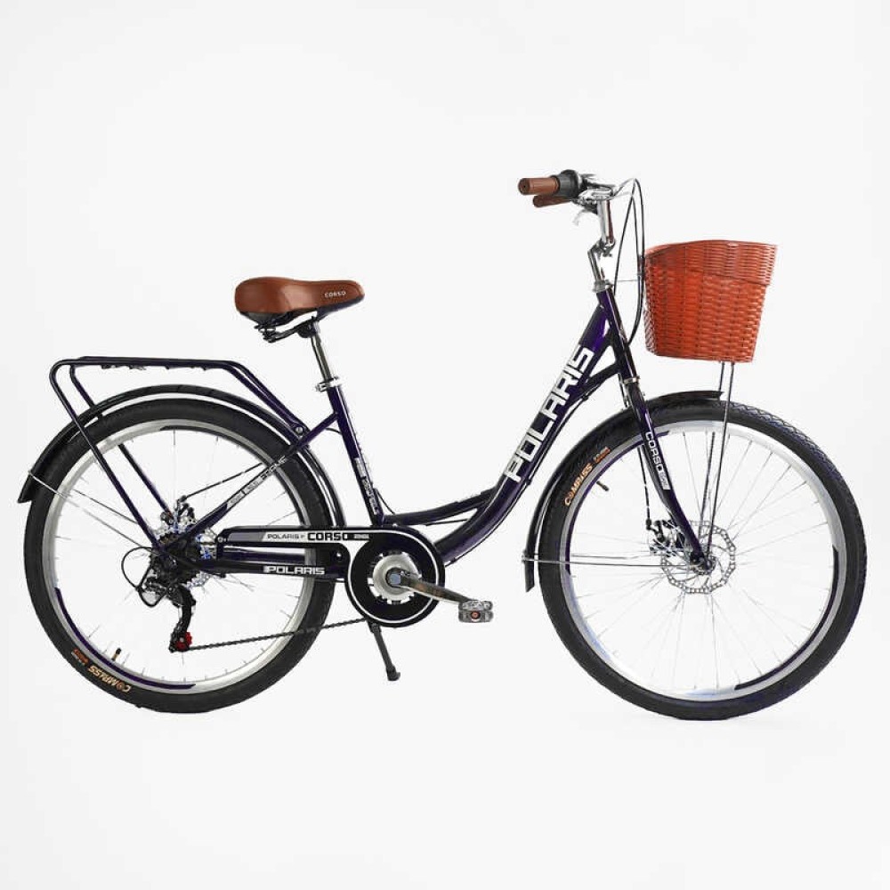 Велосипед міський Corso Polaris 26" PS-36620 + КОШИК БАКЛАЖАНОВИЙ, сталева рама 16.5", Shimano 7 швидкостей, корзина, багажник