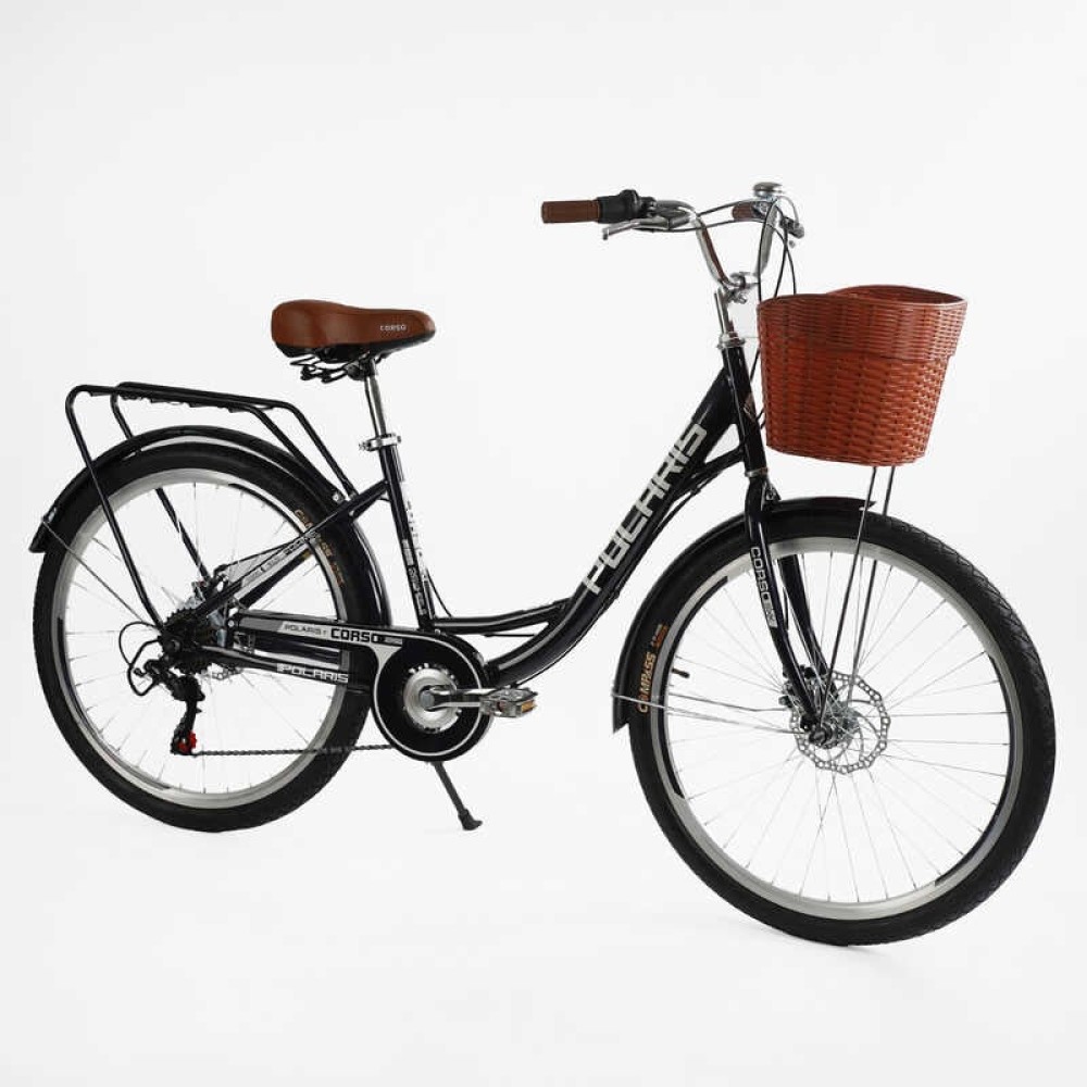 Велосипед міський Corso Polaris 26" PS-36620 + КОШИК БАКЛАЖАНОВИЙ, сталева рама 16.5", Shimano 7 швидкостей, корзина, багажник