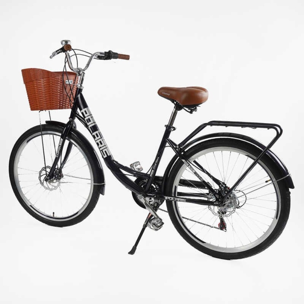 Велосипед міський Corso Polaris 26" PS-36620 + КОШИК БАКЛАЖАНОВИЙ, сталева рама 16.5", Shimano 7 швидкостей, корзина, багажник