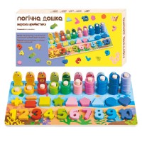 Дошка логічна 32521 (40) "WToys", дерев'яна, сортер, магнітна риболовля, назви цифр англійською, дерев'яні кілочки, геометричні фігури, кольорові кільця, в коробці