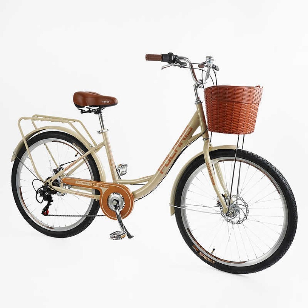 Велосипед міський Corso Polaris 26" PS-72411 + КОШИК сталева рама 16.5", Shimano 7 швидкостей, корзина, багажник