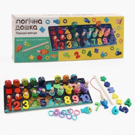 Дошка логічна 11825 (40) "WToys", дерев'яна, 10 кольорових рибок, магнітна риболовля, цифри та фігури, кілочки, в коробці