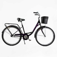 Велосипед міський Corso TRAVEL 26" TL-26523 + КОШИК ТЕМНО-ФІОЛЕТОВИЙ, одношвидкісний, сталева рама 16.5", корзина, багажник