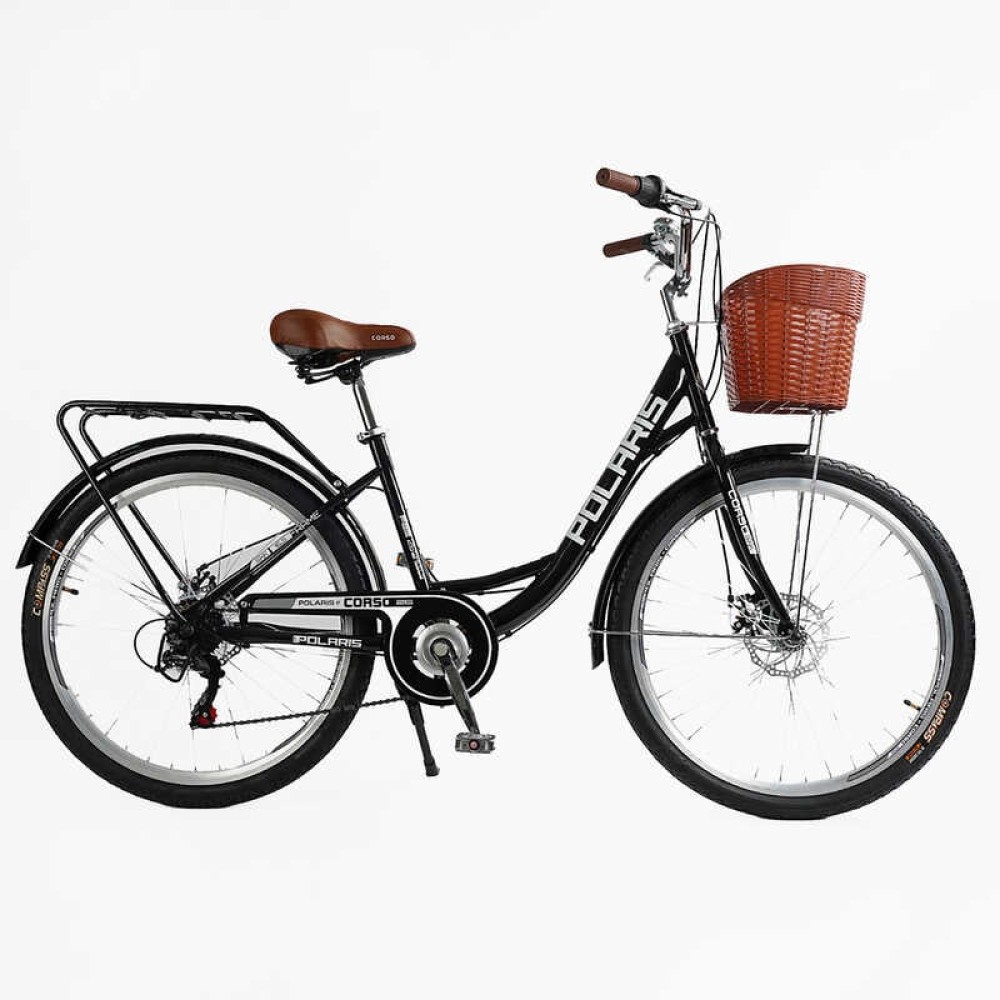 Велосипед міський Corso Polaris 26" PS-80110 + КОШИК ЧОРНИЙ сталева рама 16.5", Shimano 7 швидкостей, корзина, багажник