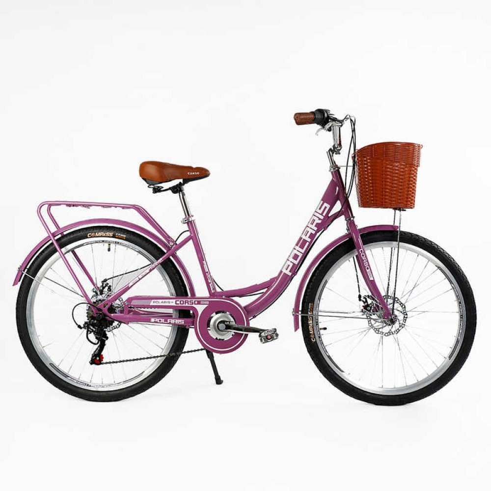 Велосипед міський Corso Polaris 26" PS-91606 + КОШИК сталева рама 16.5", Shimano 7 швидкостей, корзина, багажник