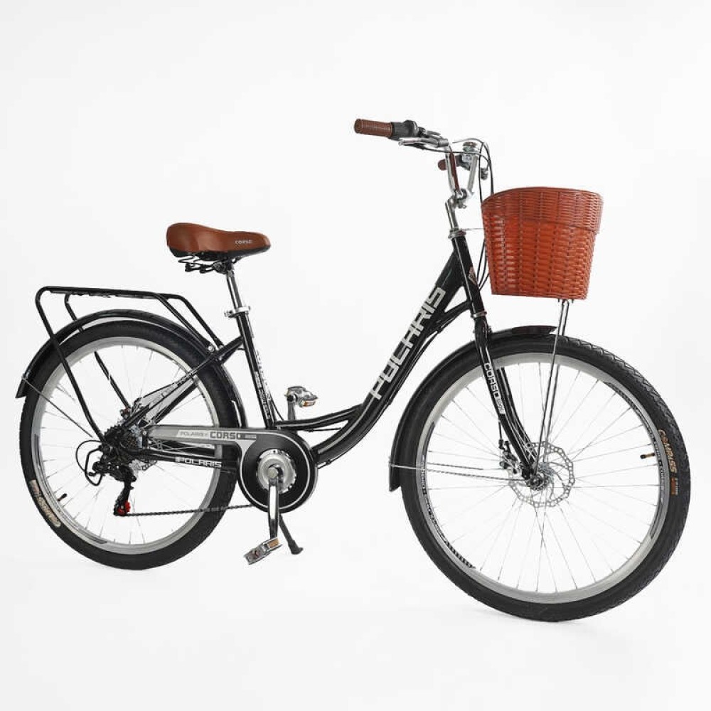 Велосипед міський Corso Polaris 26" PS-80110 + КОШИК ЧОРНИЙ сталева рама 16.5", Shimano 7 швидкостей, корзина, багажник