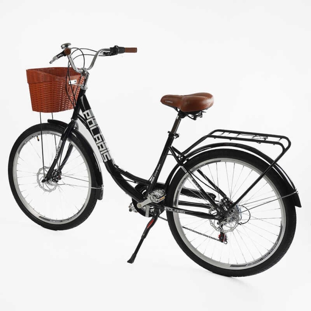 Велосипед міський Corso Polaris 26" PS-80110 + КОШИК ЧОРНИЙ сталева рама 16.5", Shimano 7 швидкостей, корзина, багажник