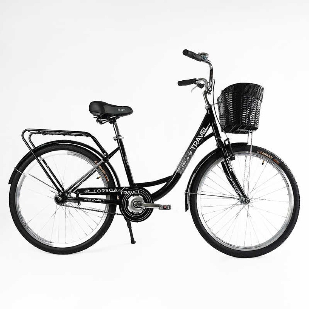 Велосипед міський Corso TRAVEL 26" TL-26207 + КОШИК колір ЧОРНИЙ, одношвидкісний, сталева рама 16.5", корзина, багажник