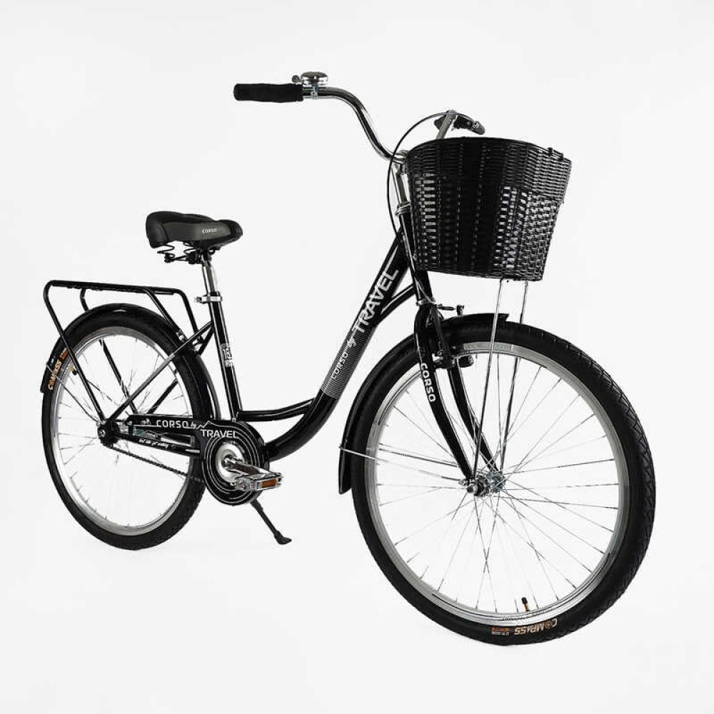 Велосипед міський Corso TRAVEL 26" TL-26207 + КОШИК колір ЧОРНИЙ, одношвидкісний, сталева рама 16.5", корзина, багажник