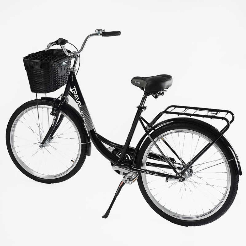 Велосипед міський Corso TRAVEL 26" TL-26207 + КОШИК колір ЧОРНИЙ, одношвидкісний, сталева рама 16.5", корзина, багажник