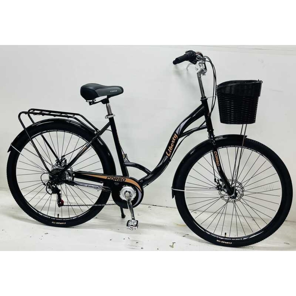 Велосипед міський Corso Liberty 28" дюймів LR-28286 + КОШИK, ЧОРНИЙ, сталева рама 20", Shimano 7 швидкостей, корзина, багажник