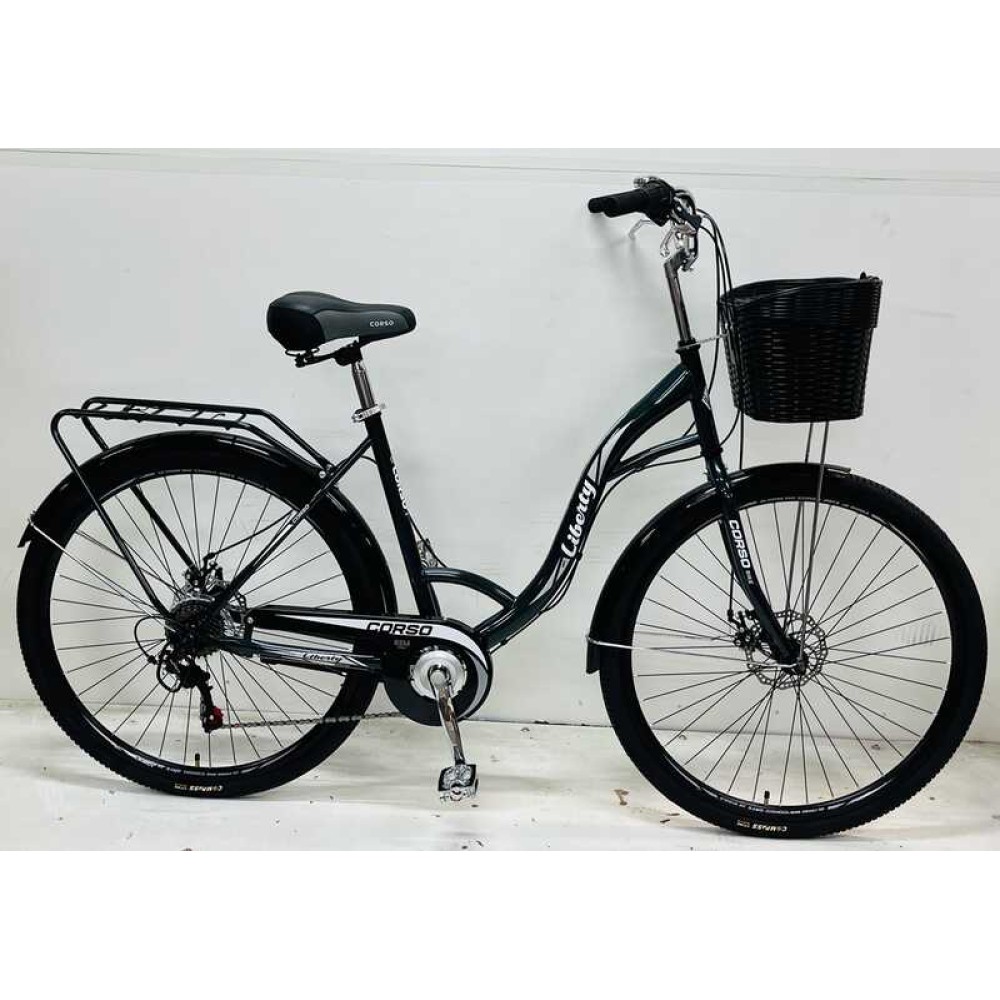 Велосипед міський Corso Liberty 28" дюймів LR-28193 + КОШИK, ТЕМНО-ЗЕЛЕНИЙ, сталева рама 20", Shimano 7 швидкостей, корзина, багажник