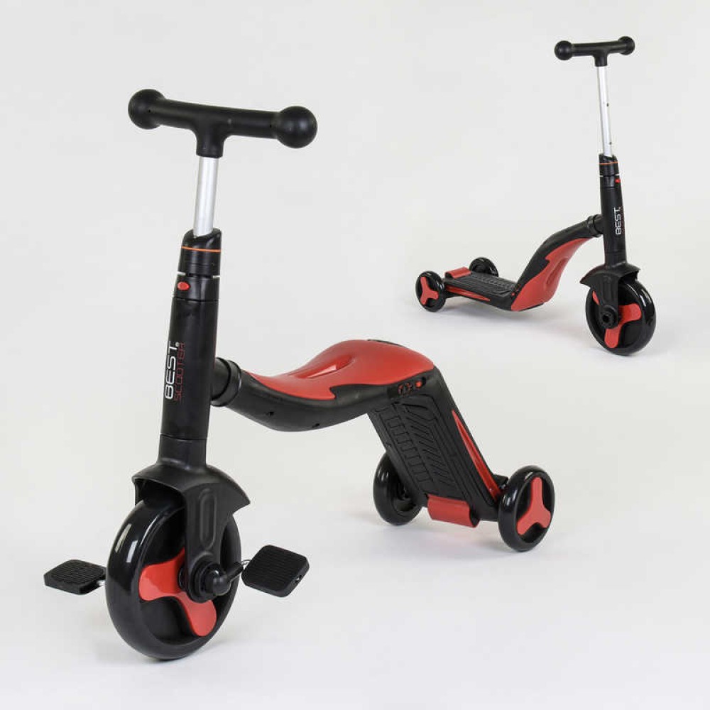 Самокат 3в1 JT 28288 Best Scooter, самокат-велобіг-велосипед, ЧЕРВОНИЙ, світло, 8 мелодій, колеса PU, переднє колесо d = 20см, задні d = 11см