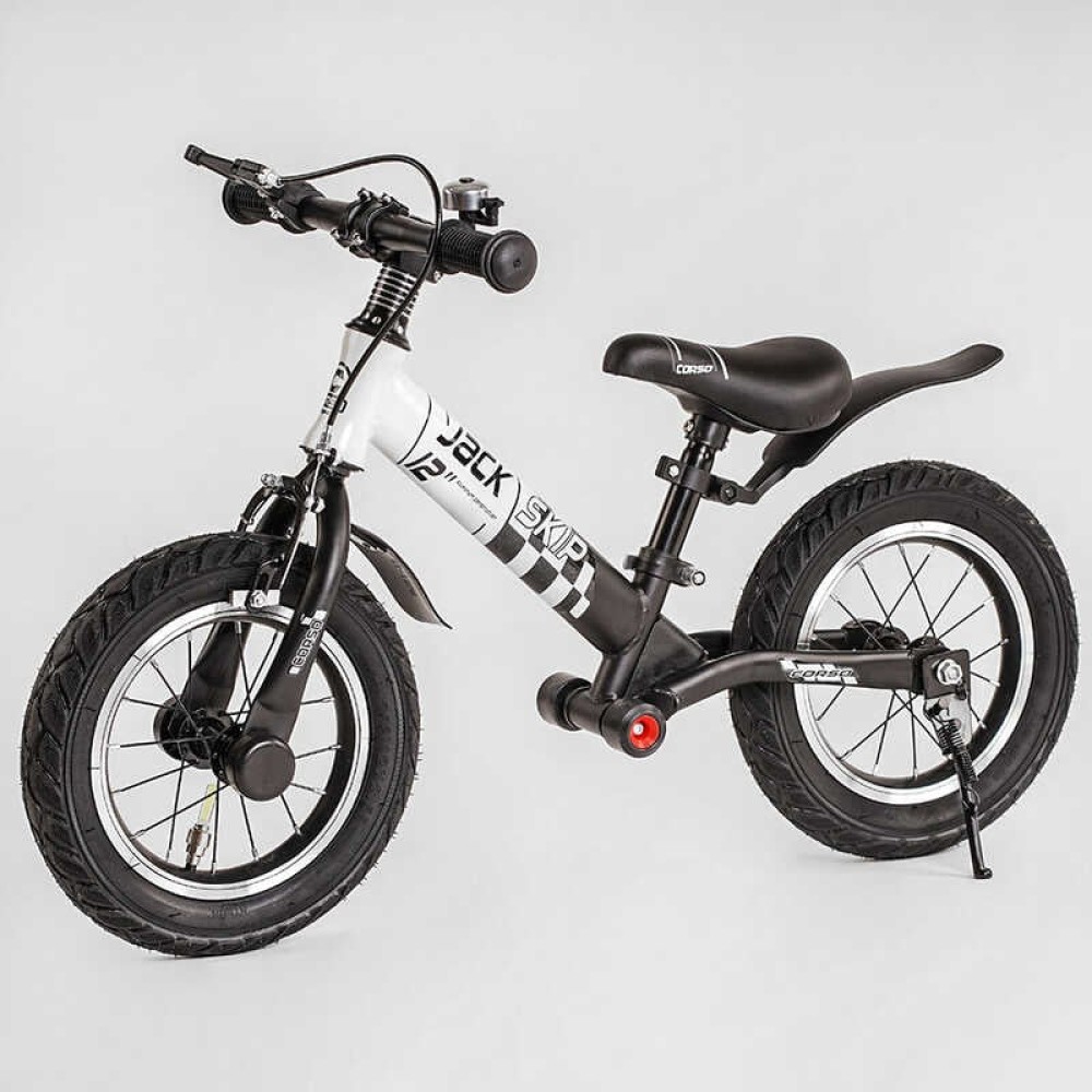 Велобіг Corso "Skip Jack" 11057 ЧОРНО-БІЛИЙ, надувні колеса 12", сталева рама з амортизатором, ручне гальмо, підніжка, в коробці